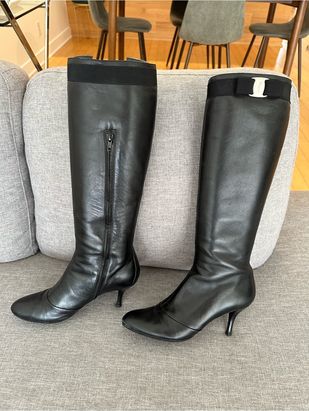 Ferragamo Women's Black Leather Knee-High Heeled Boots